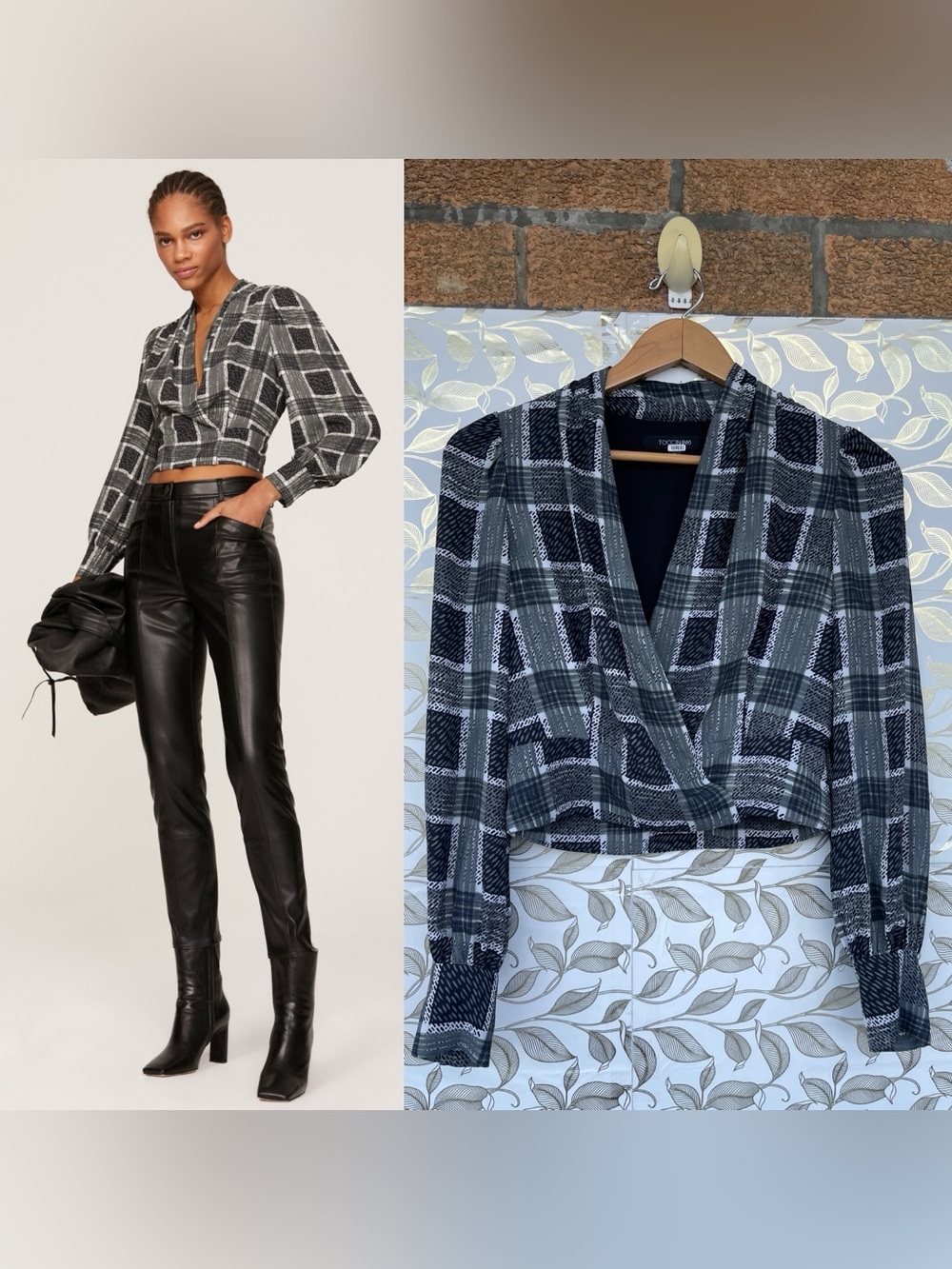 TOCCIN NY Sarah Abstract Plaid Wrap Top 2 Puff Sleeve Blouse Officecore